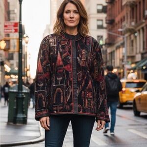 Vintage Chico's Embroidered "Cityscape" Jacket Size 2 12/14 100% Cotton Boho